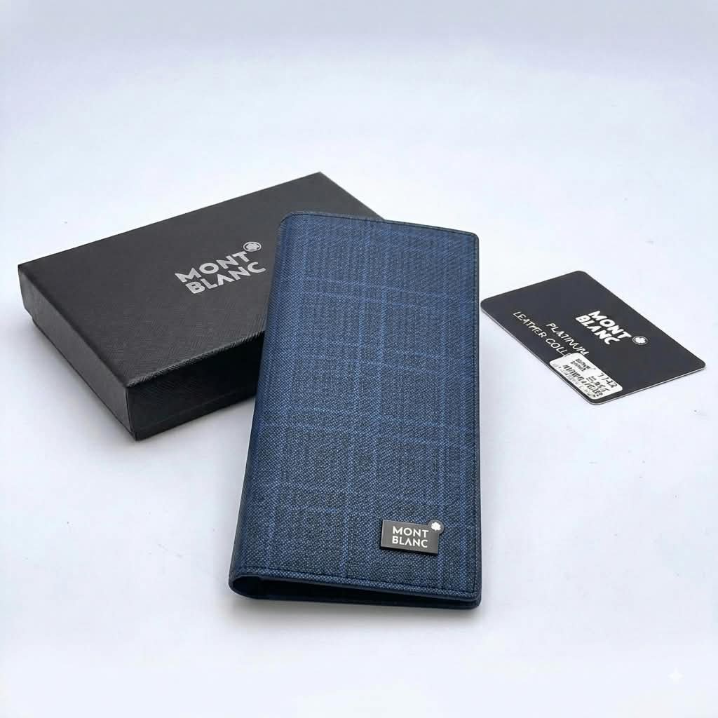 Mont Blanc Platinum Collection Men's Long Wallet - Navy Blue Check Pattern with Premium Box & Card